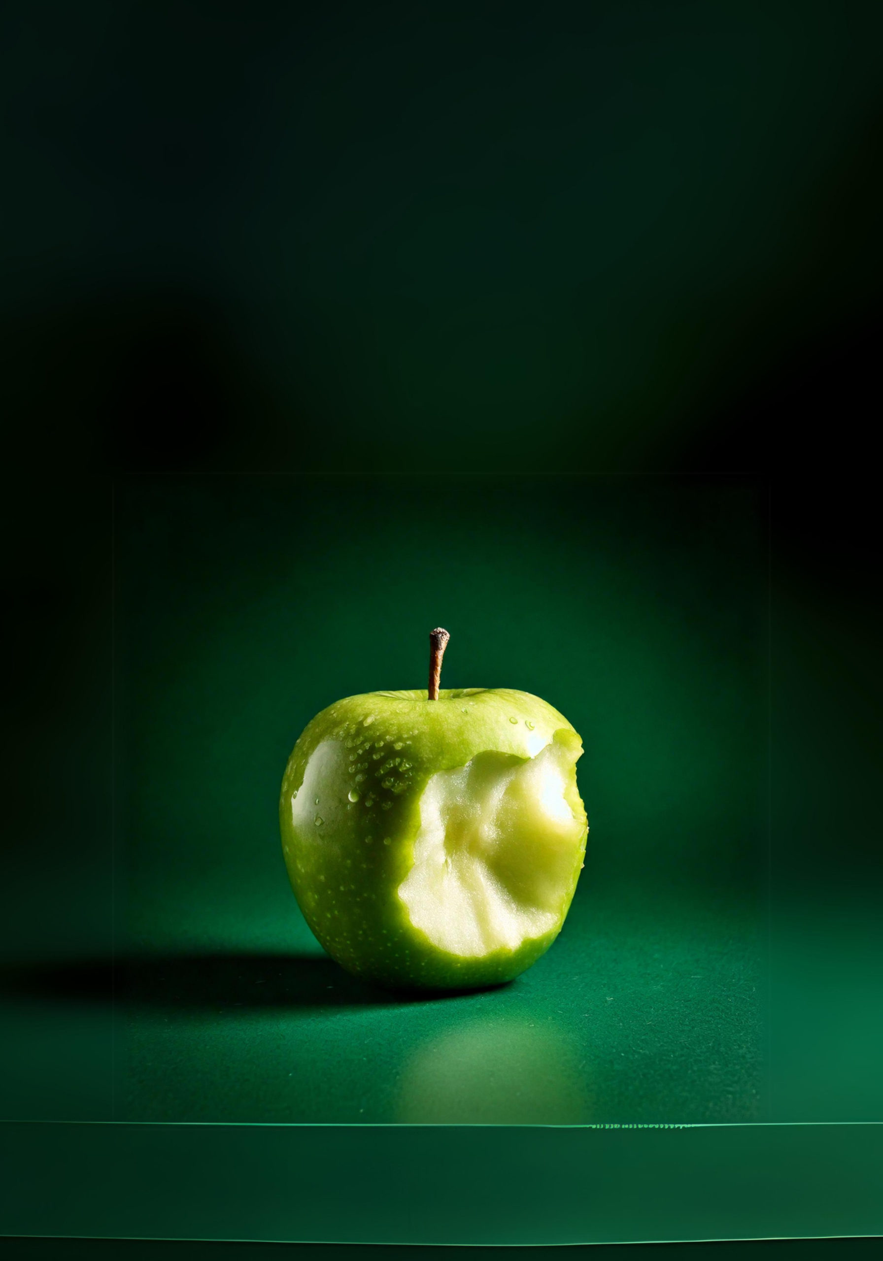 Äpple med en tugga tagen mot grön bakgrund