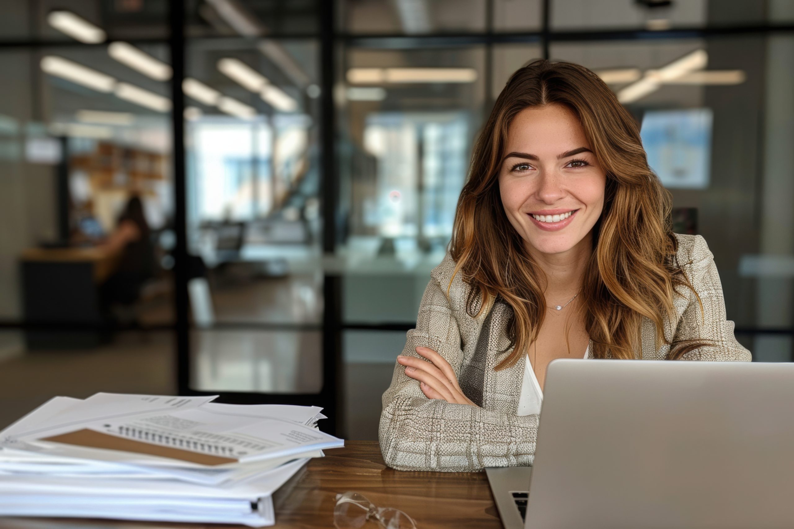 Happy busy mature business woman entrepreneur in office using laptop at work, smiling professional middle aged female company executive manager working looking at computer at workplace